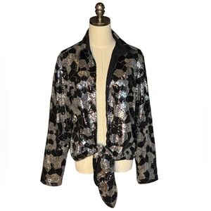NEW Chico's Twilight Dazzle Tropez Jacket Sequin Tie Front Black Silver Evening